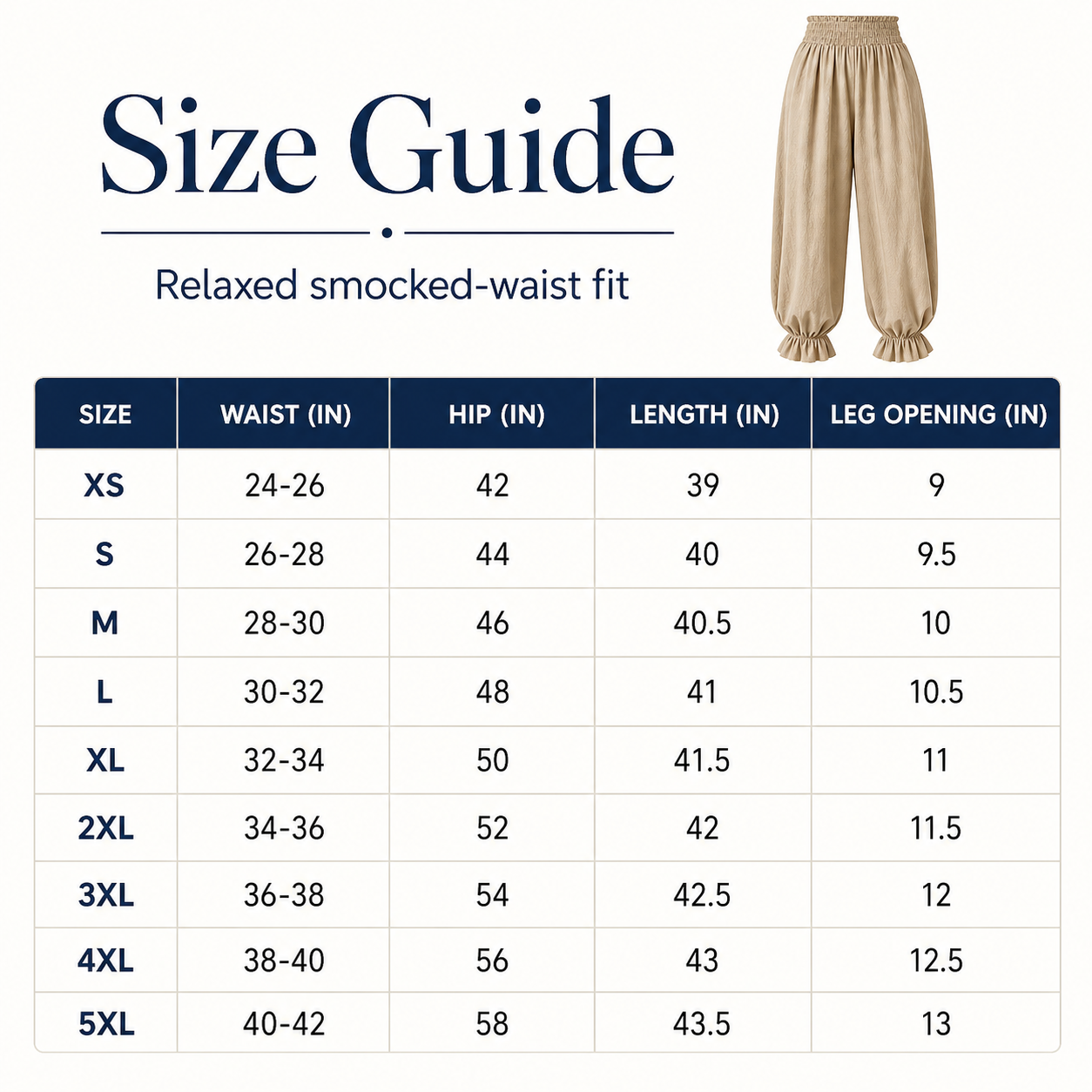 Women's smocked waist ruffle hem harem pants size chart