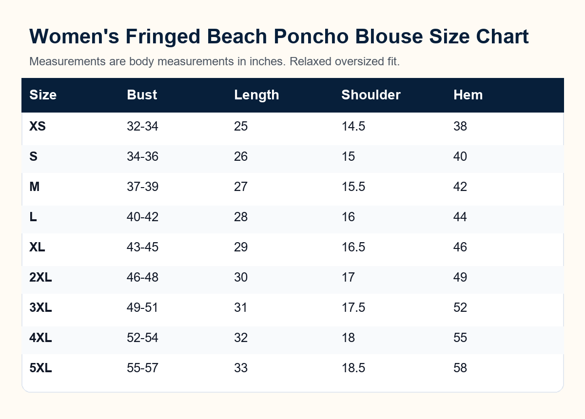 Women's fringed beach poncho blouse size chart
