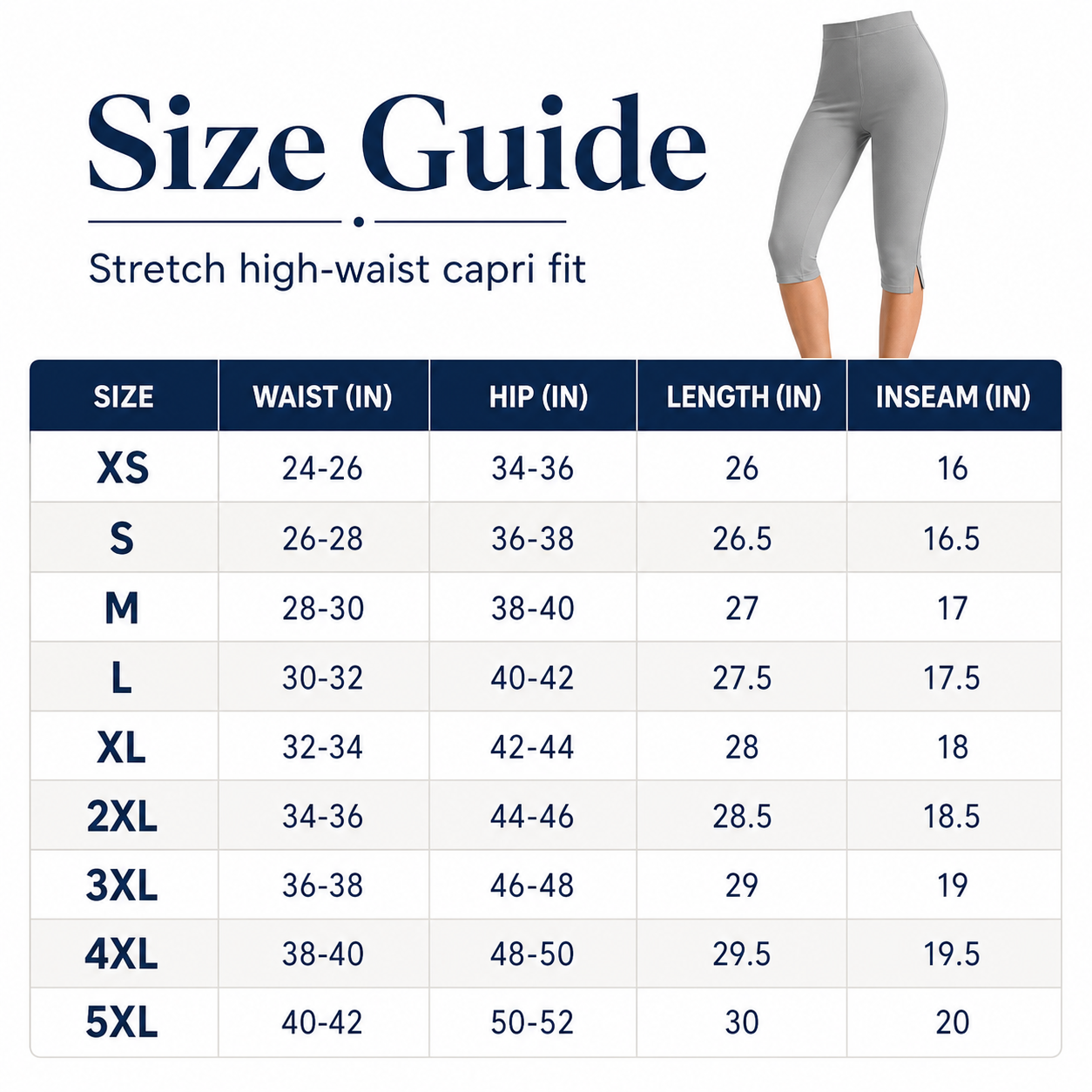 Women's high waist side slit capri leggings size chart