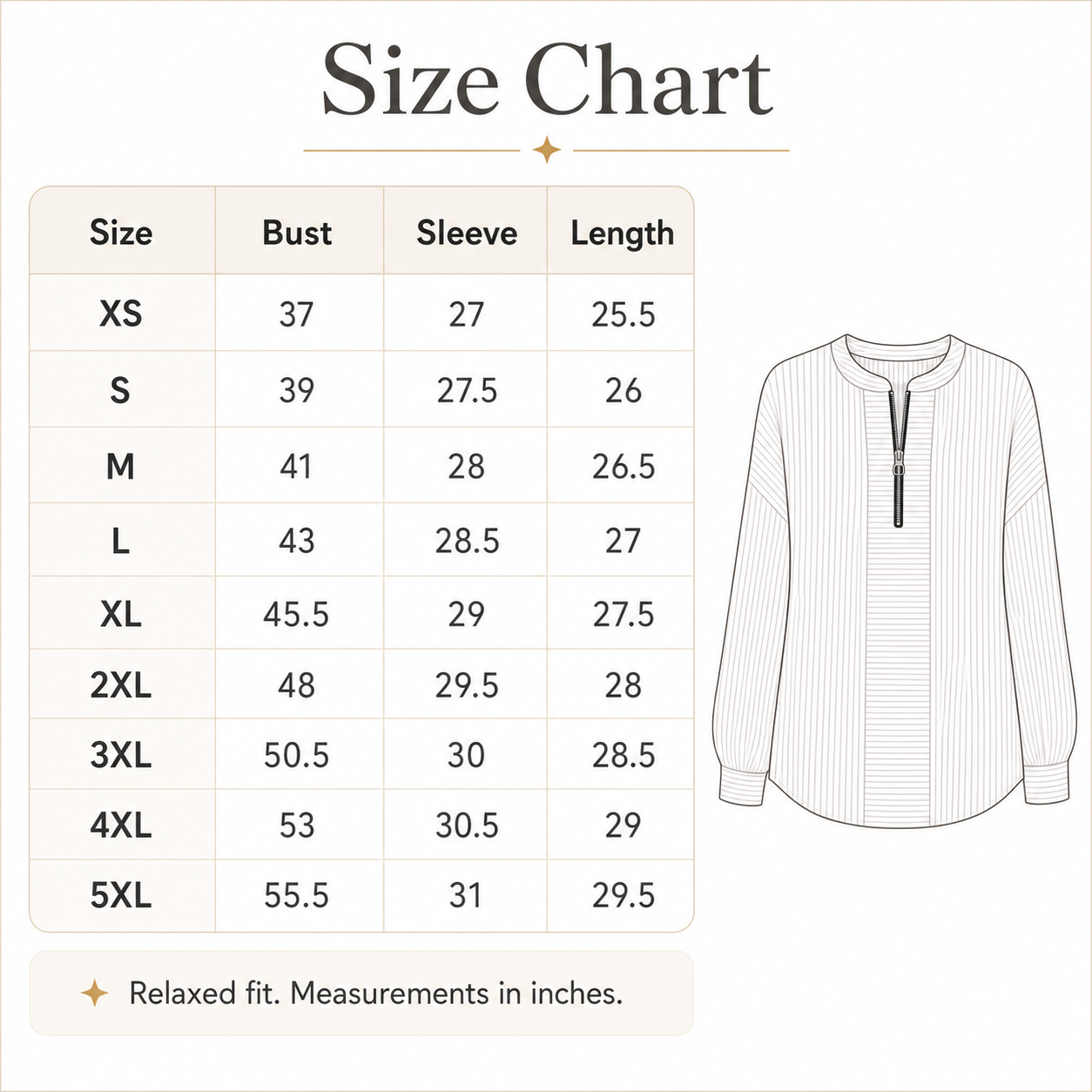 women's striped zip-neck pullover size chart