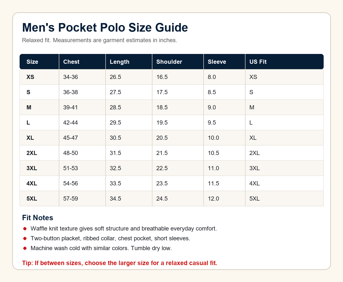 Men's textured waffle pocket polo shirt size chart
