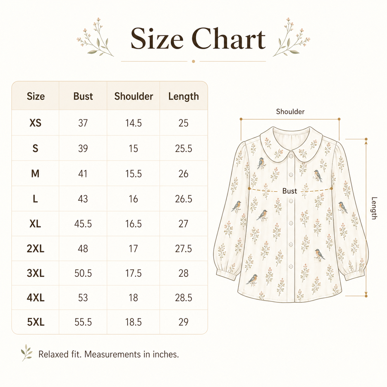 women's bird botanical collar blouse size chart