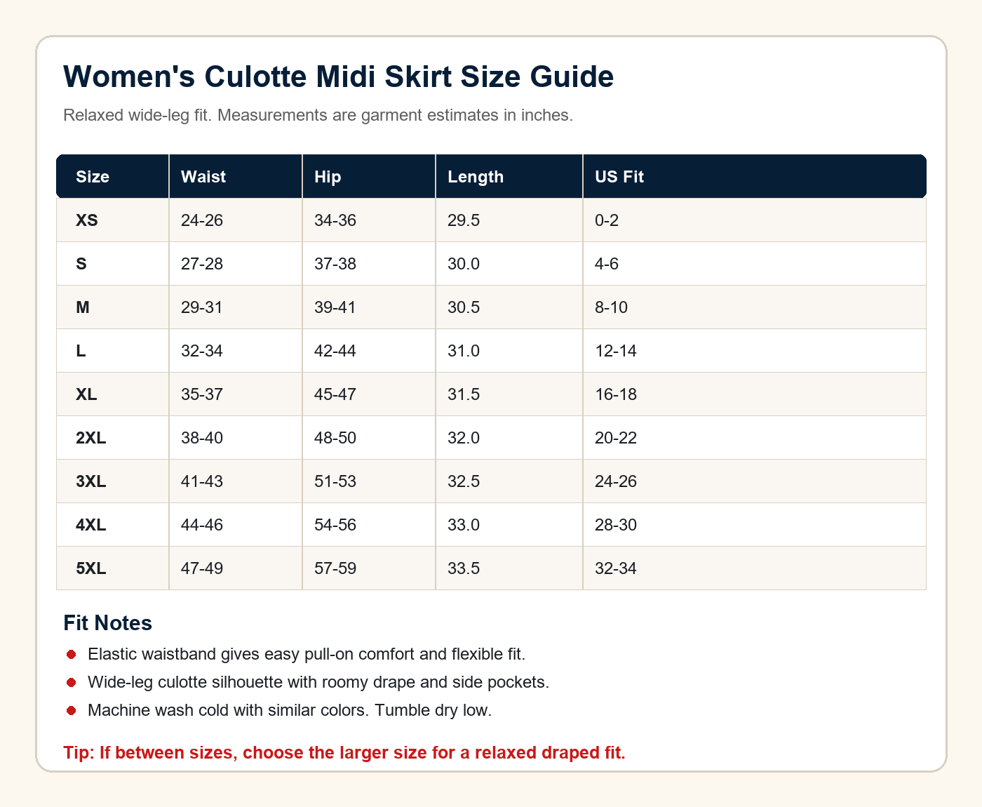 Women's high waist wide leg culotte midi skirt size chart