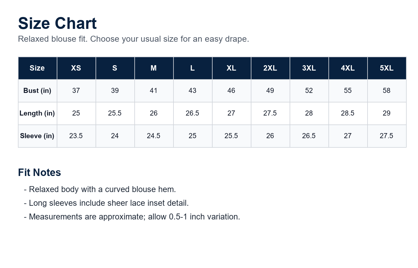 Women's lace v neck blouse size chart