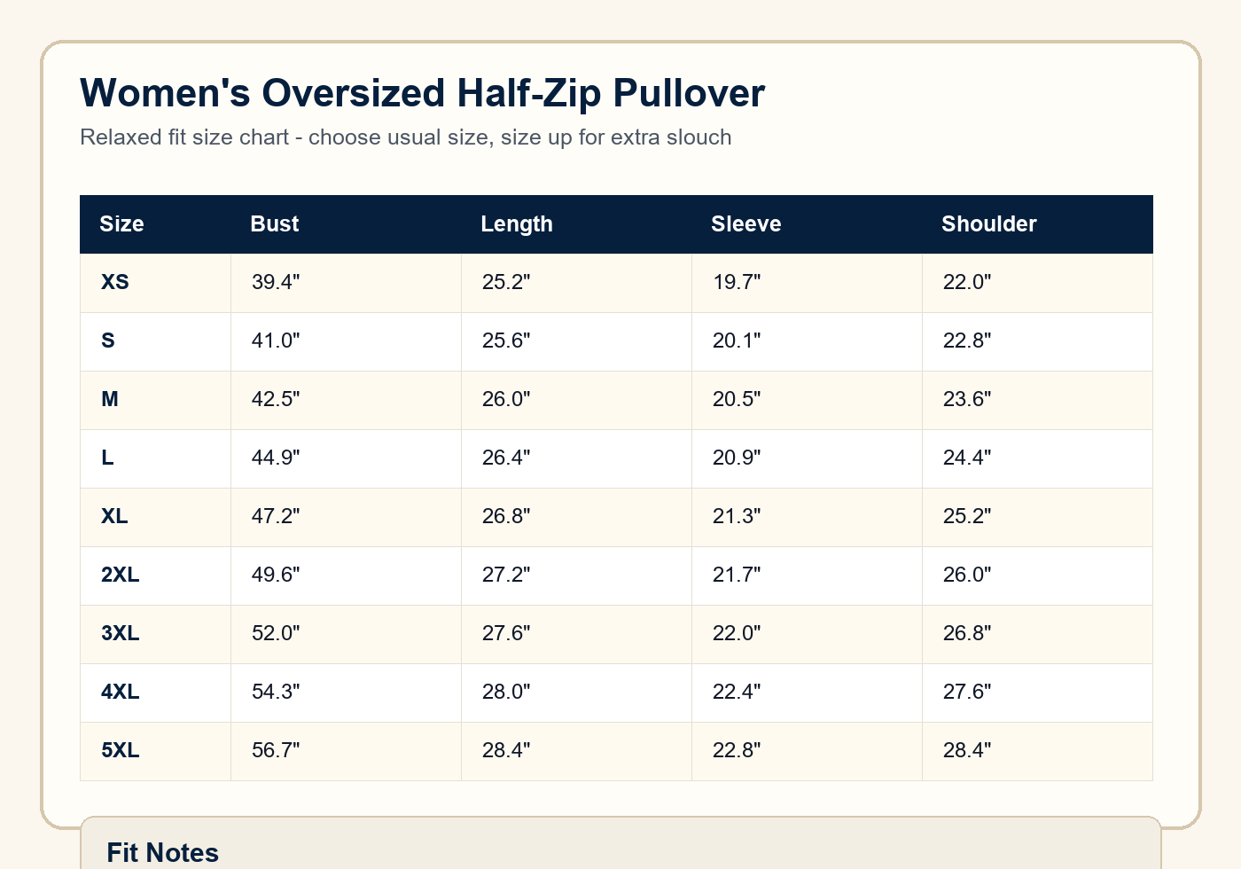 Women's oversized half zip pullover size chart