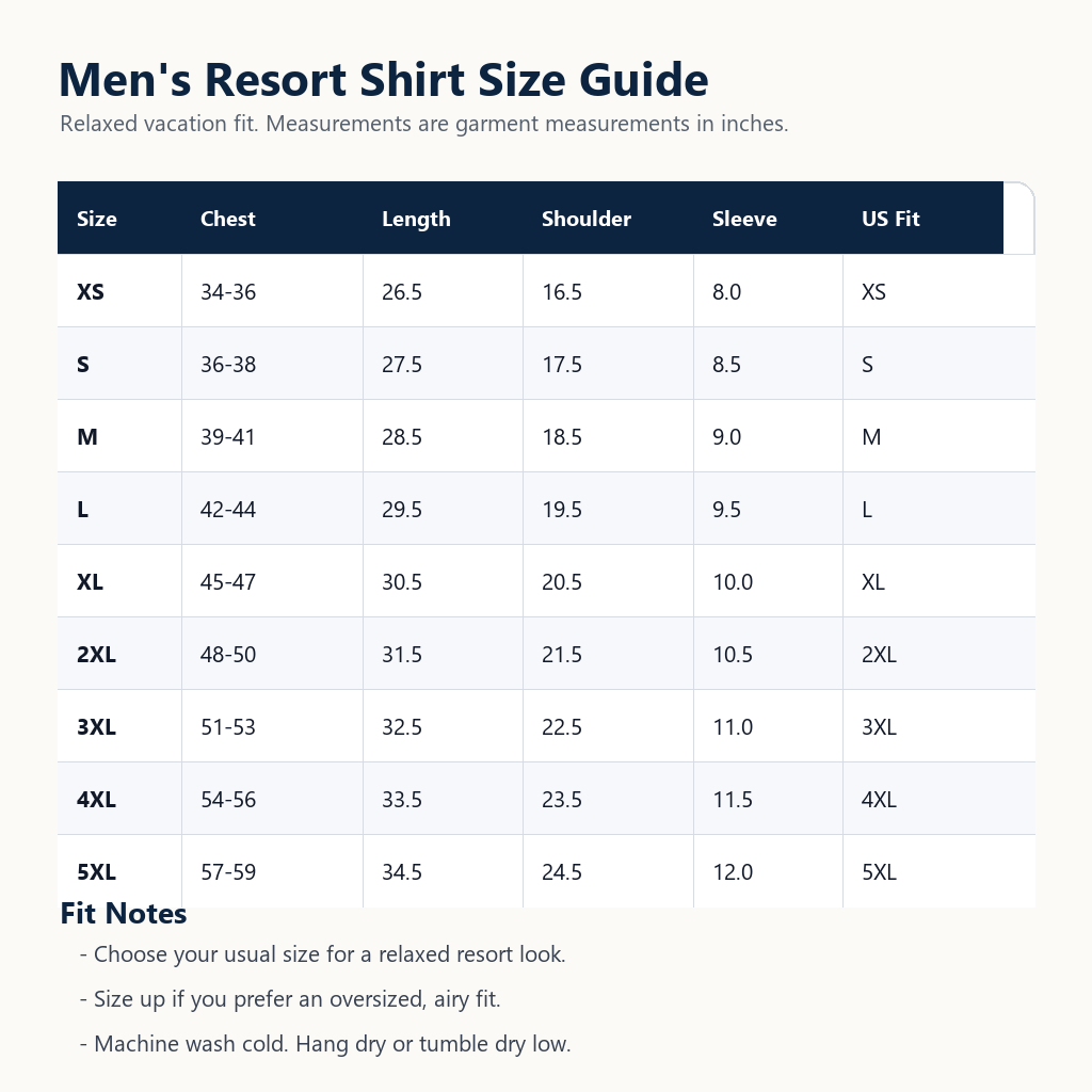 Men's resort panel shirt size chart