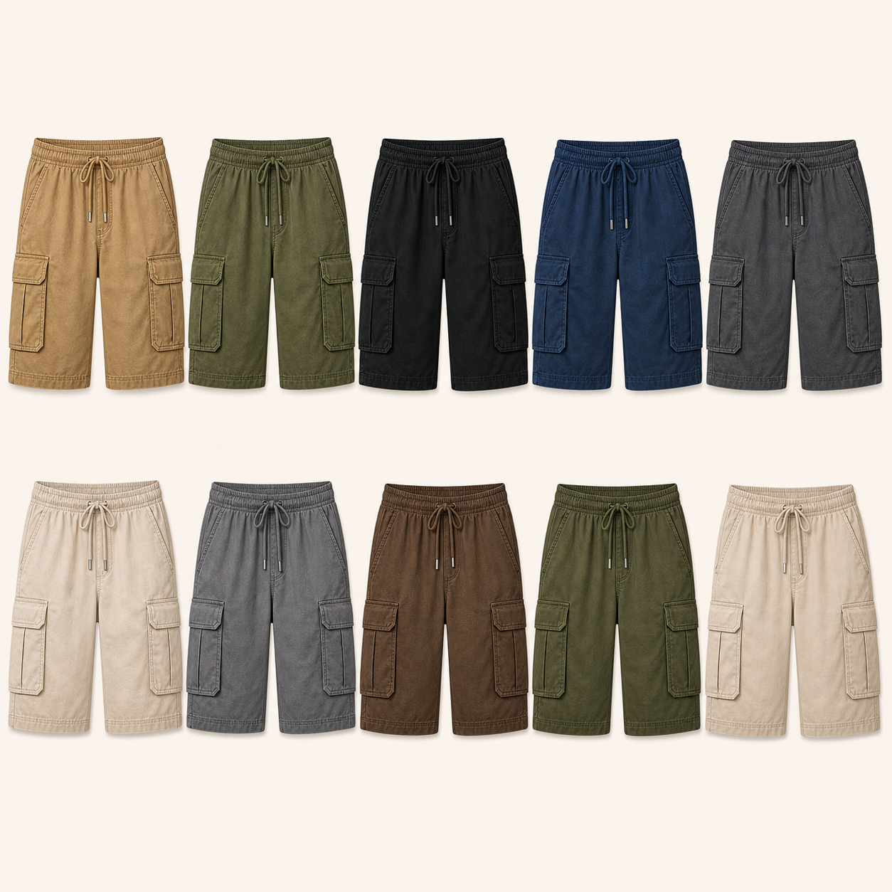 Ten colors of men's utility cargo shorts