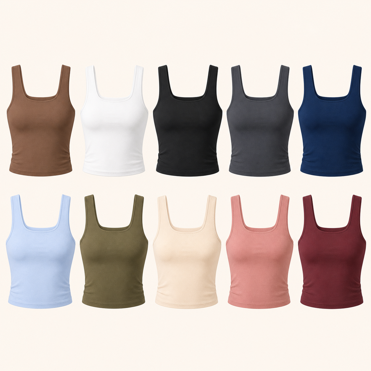Ten colors of women's square-neck crop tank