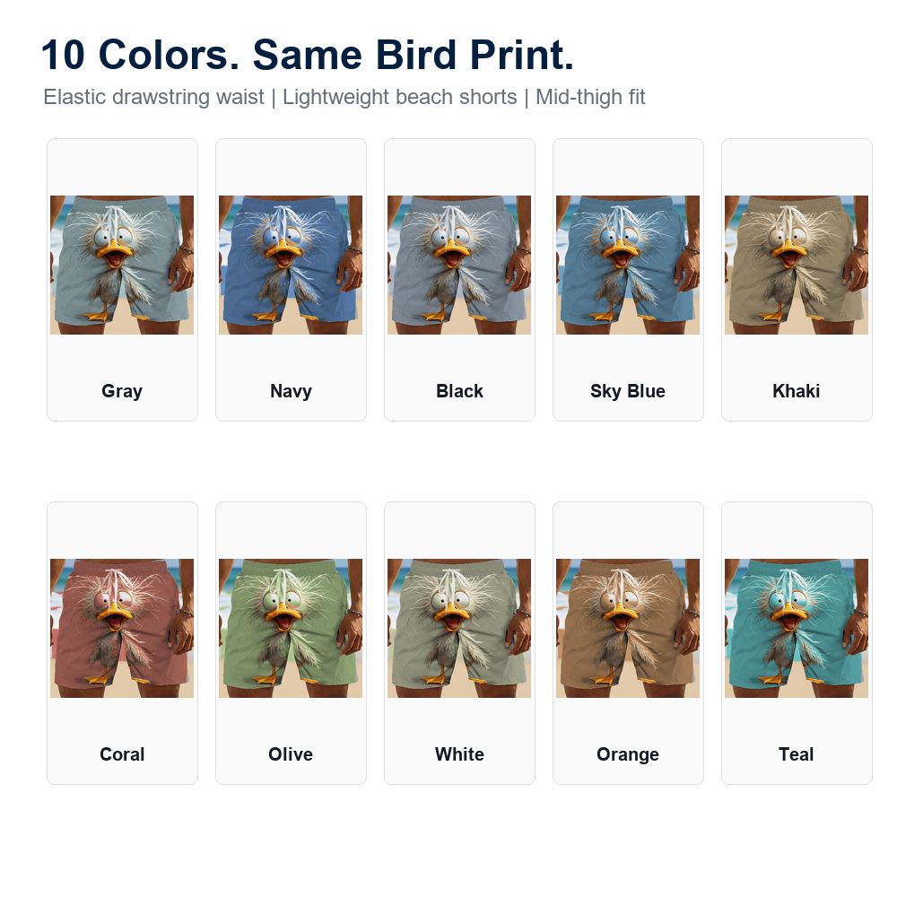 Ten colors of men's novelty bird print beach shorts