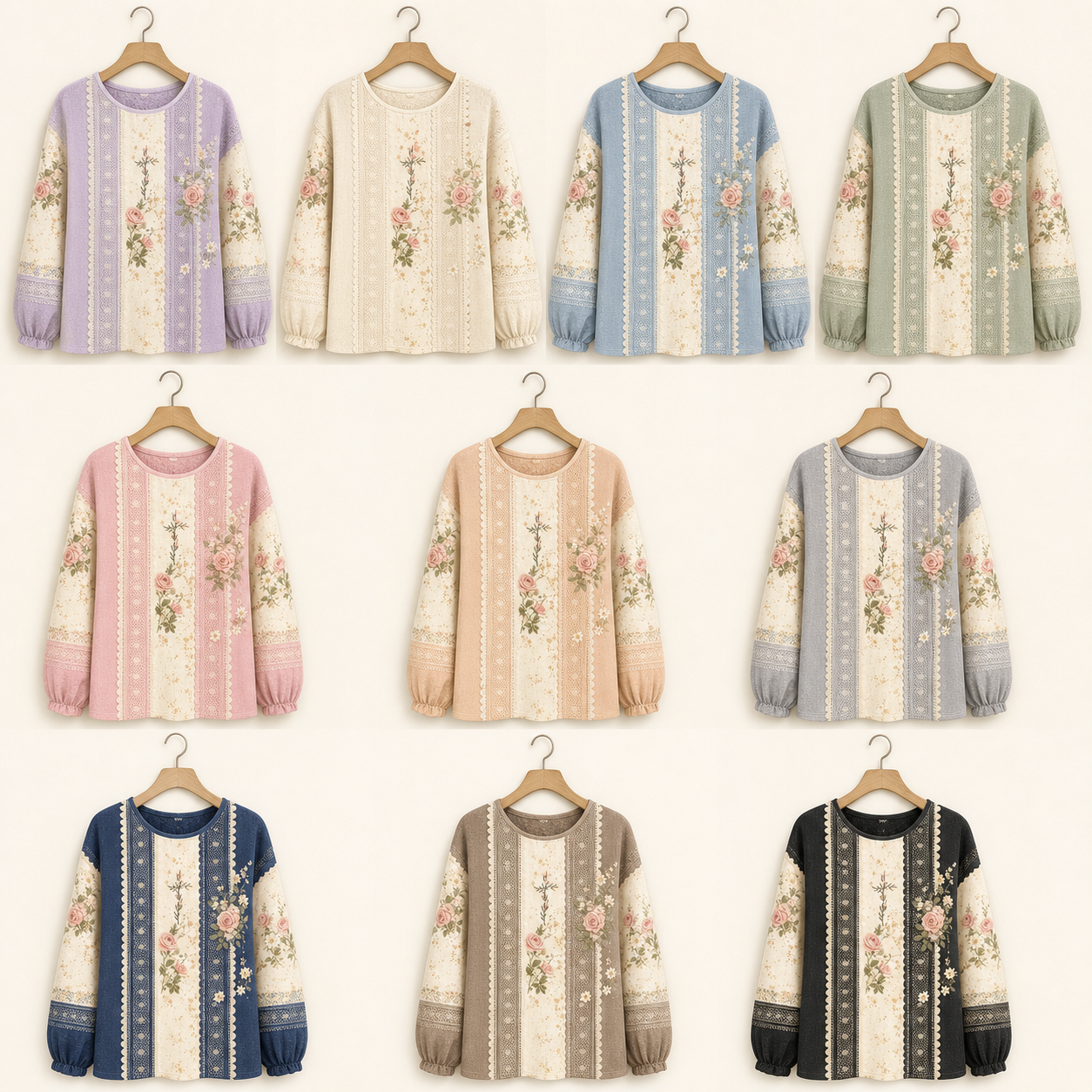 Ten colors of women's boho floral patchwork pullover top