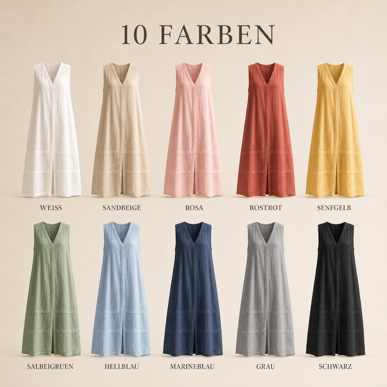 10 Farben Damen Leinen Maxikleid
