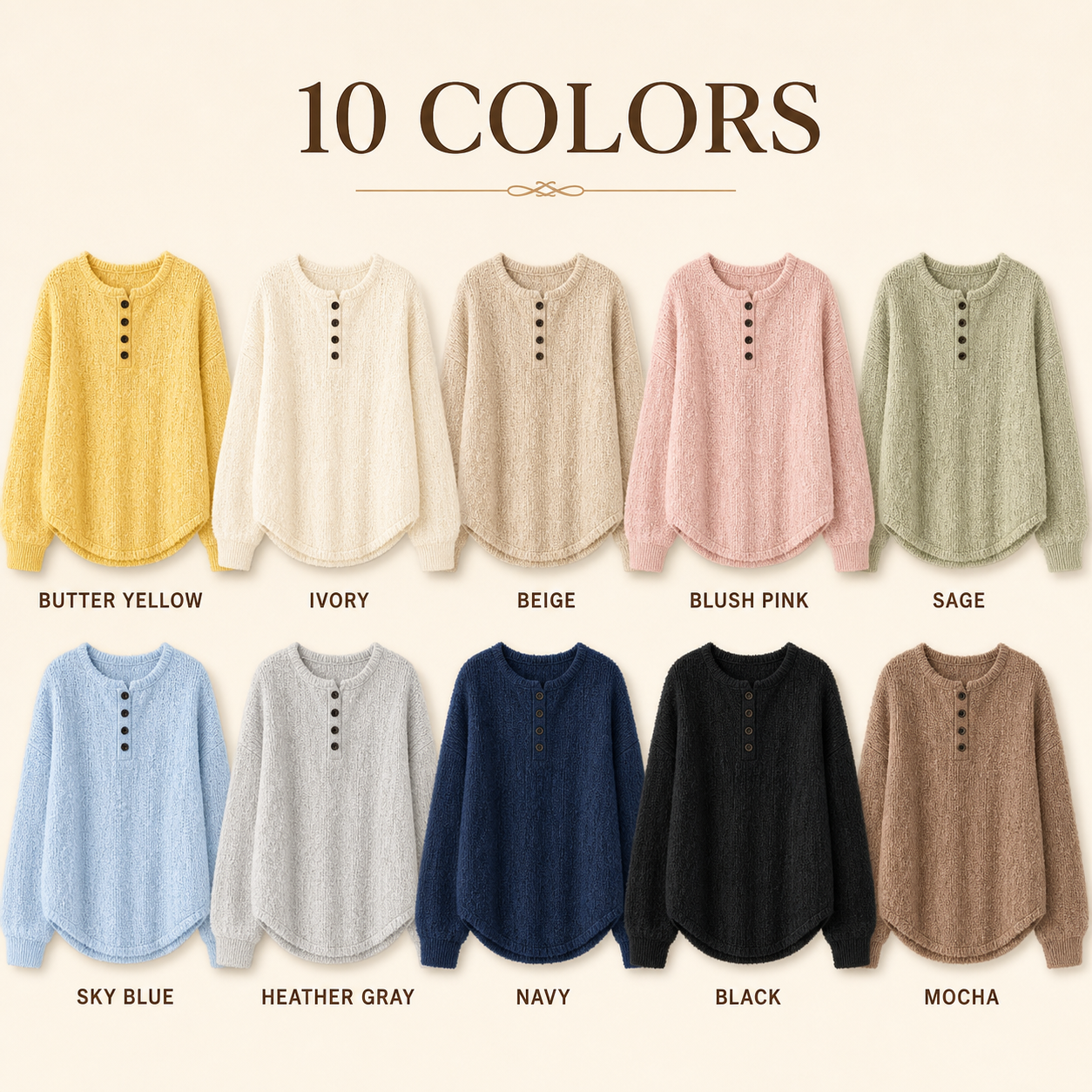 10 colors textured henley pullover