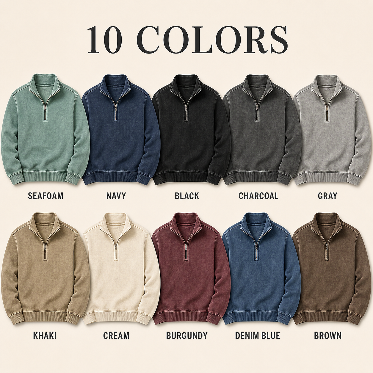 10 colors mens vintage washed quarter zip pullover