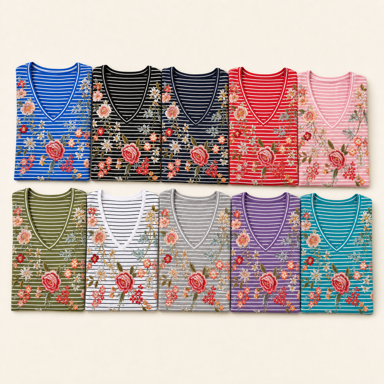 Ten colors of women's floral V-neck tops