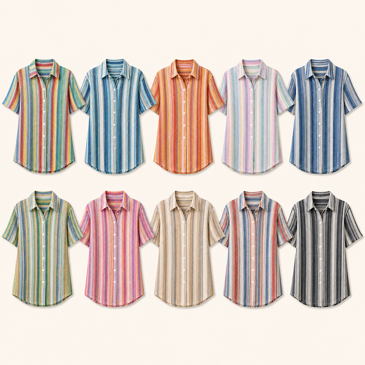 Ten stripe palettes of women's button-up shirts