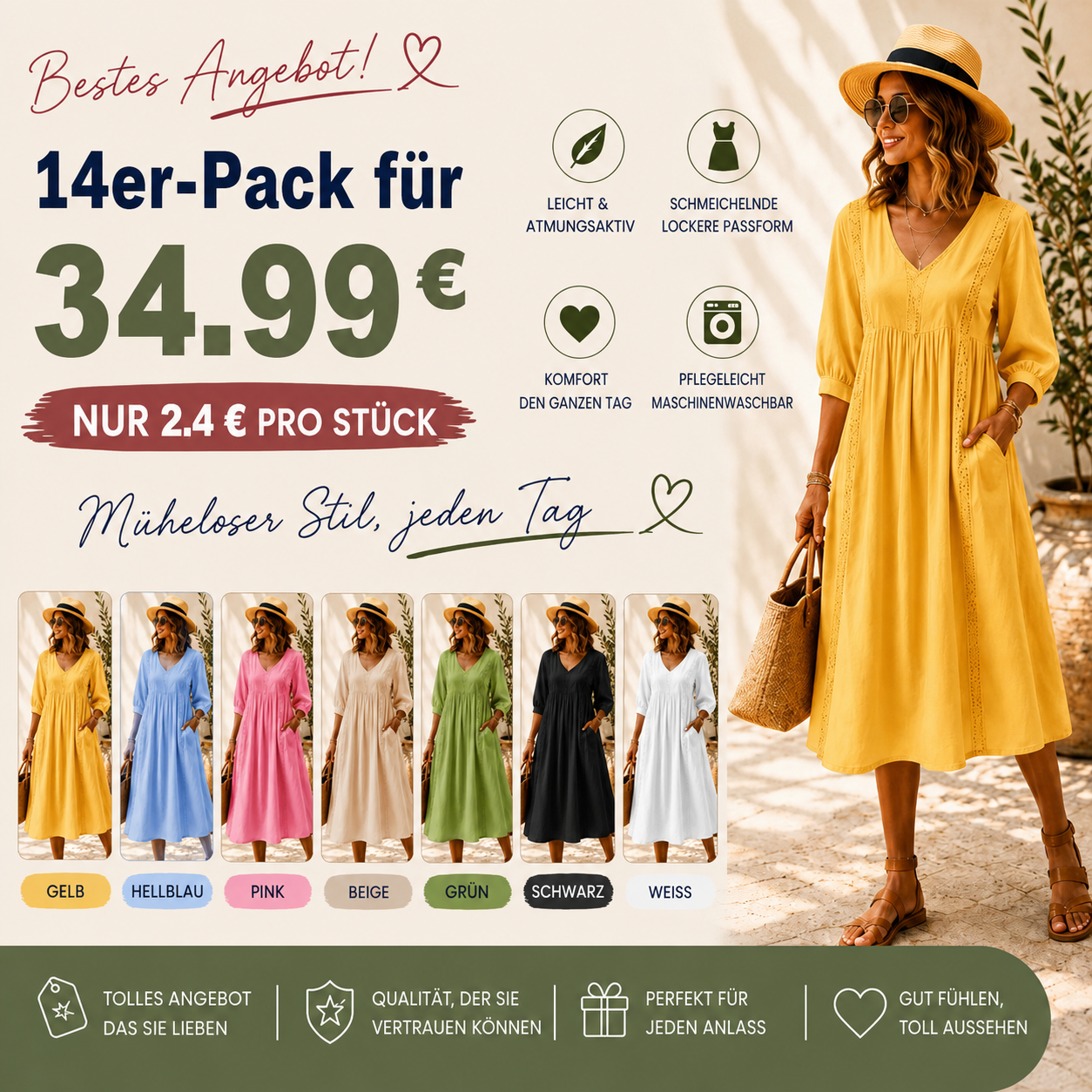 ⏰VENTE FINALE⚡Lot de 14 pour 34.99 €⚡Damen Freizeitkleid aus Leinen-Baumwoll-Mix mit lockerer Passform, Patchwork und Spitzenbesatz