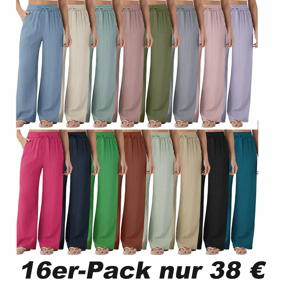 ⏰Räumungsverkauf⚡16er-Pack für 38 €⚡Damen Leinenhose High Waist Wide Leg mit Kordelzug & Taschen