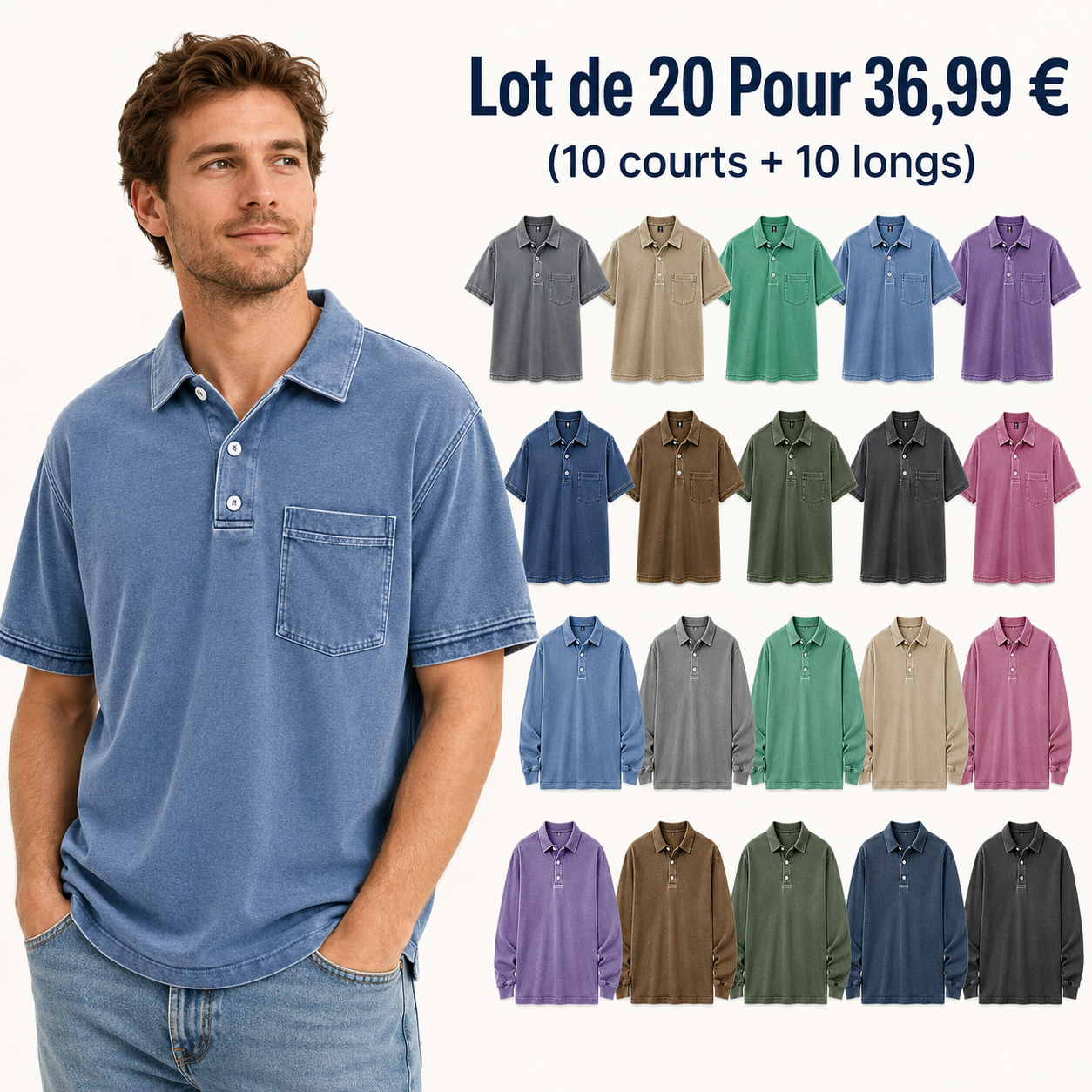 ⏰VENTE FINALE⚡ Lot de 20 pour 36,99 €⚡Polo homme rétro délavé à col revers avec poche et manches courtes