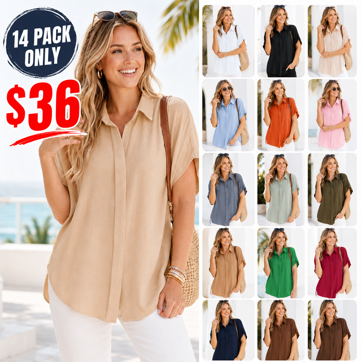 Women's Tops Dressy Casual V Neck Button Down Shirts Solid Short Sleeve Blouses Oversized Fit Batwing Collared Baggy Minimalist Style