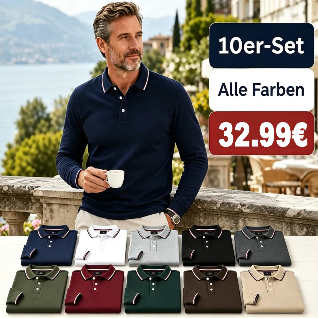 ⏰Limitierter Deal - Klassisches Herren Langarm-Polohemd mit Piqué-Struktur, Drei-Knopf-Leiste, geripptem Kragen und dezenten Kontraststreifen