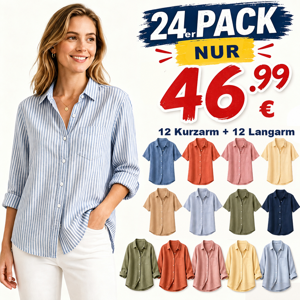 ⏰Geschäftsschließung – Räumungsverkauf⚡12er-Pack nur 39,99 €⚡👚Leichte Damen-Leinenhemden mit langen Ärmeln und Knopfleiste