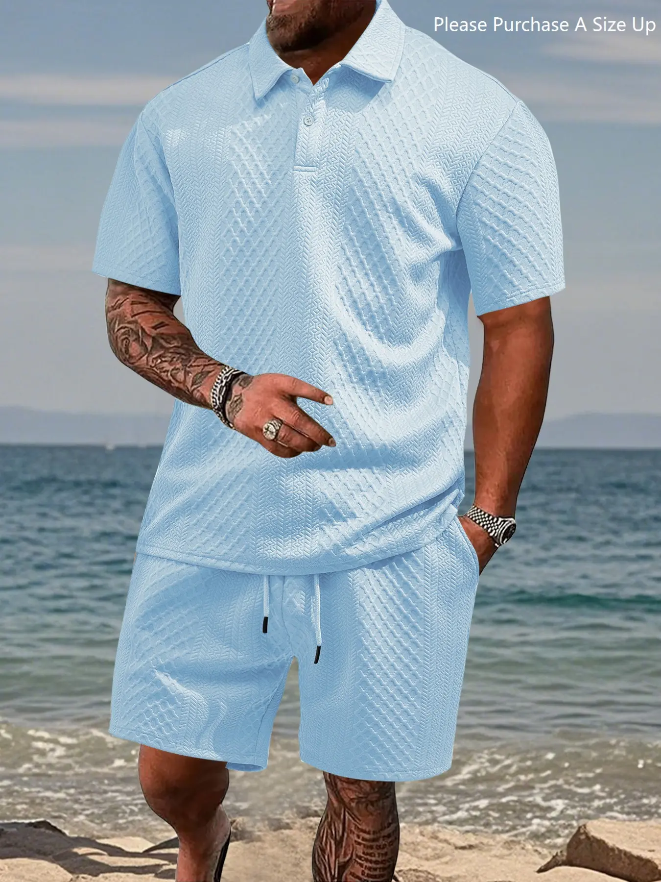 Men's Solid Polo Shirt & Drawstring Waist Shorts Set, Cozy Breathable Two-piece Outfits for Daily Outdoor Wear, Men Clothes for Summer.