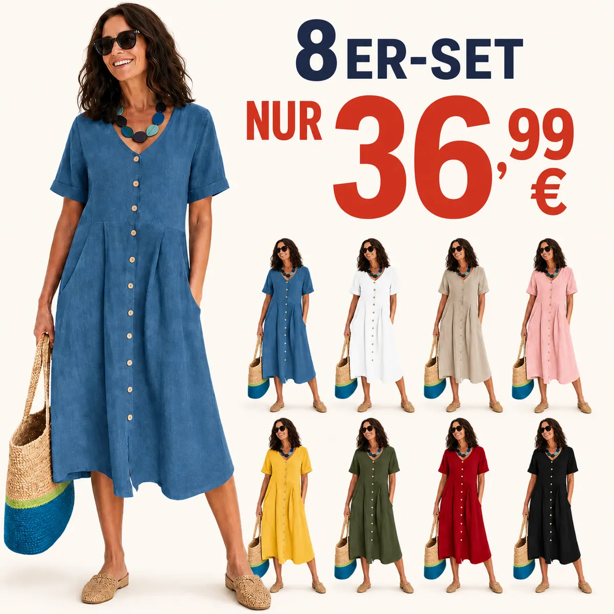 ⏰ SOMMER-SCHLUSSVERKAUF⚡8er-Pack für 36,99 €⚡Das Leinenkleid, das Frauen im ganzen Land den ganzen Sommer lieben