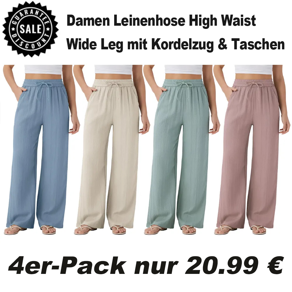 ⏰Räumungsverkauf⚡16er-Pack für 38 €⚡Damen Leinenhose High Waist Wide Leg mit Kordelzug & Taschen