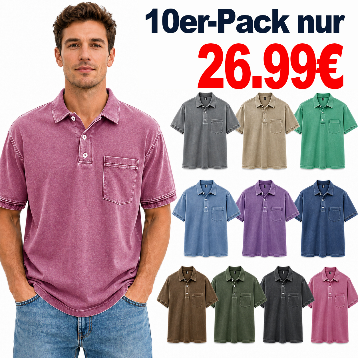 ⏰LAGERABVERKAUF⚡20er-Pack nur 36,99 € ⚡Retro-Poloshirt für Herren im Used-Look mit Reverskragen, Tasche und kurzen Ärmeln
