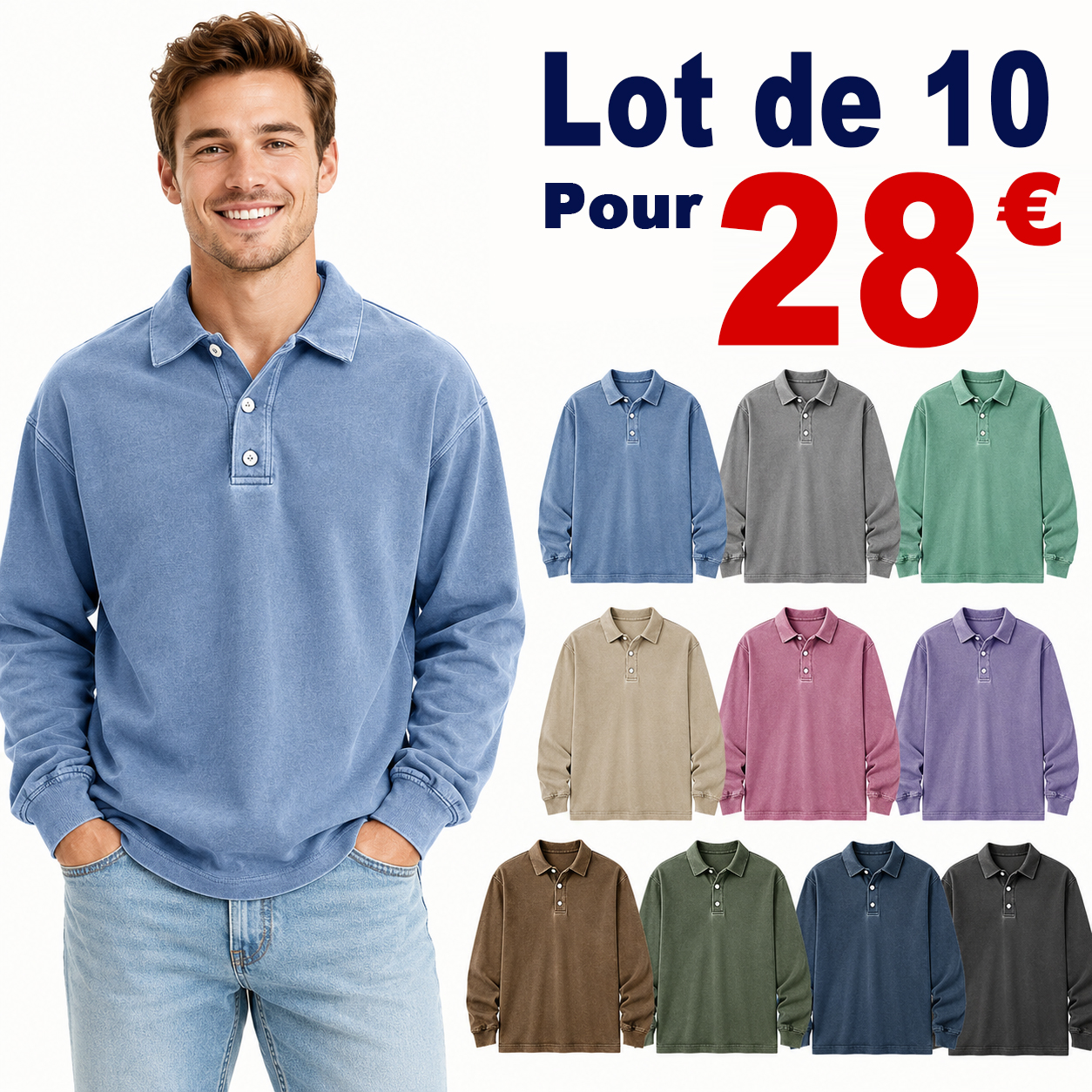 ⏰VENTE FINALE⚡ Lot de 20 pour 36,99 €⚡Polo homme rétro délavé à col revers avec poche et manches courtes