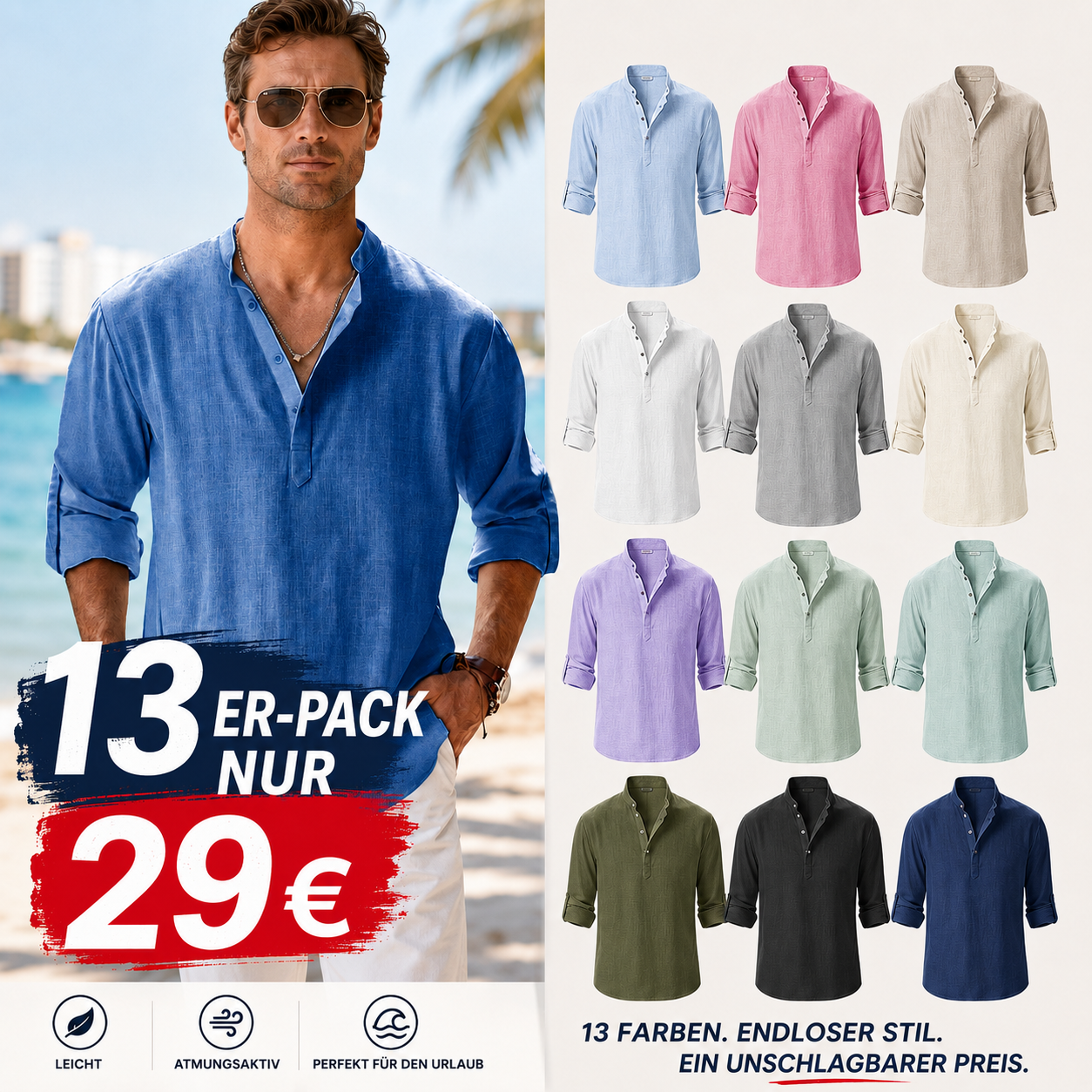 ⏰🎉 **Saisonaler Räumungsverkauf – 13er-Pack für 29 $ 👔 Herren-Freizeithemd aus Baumwoll-Leinen mit langen Ärmeln**