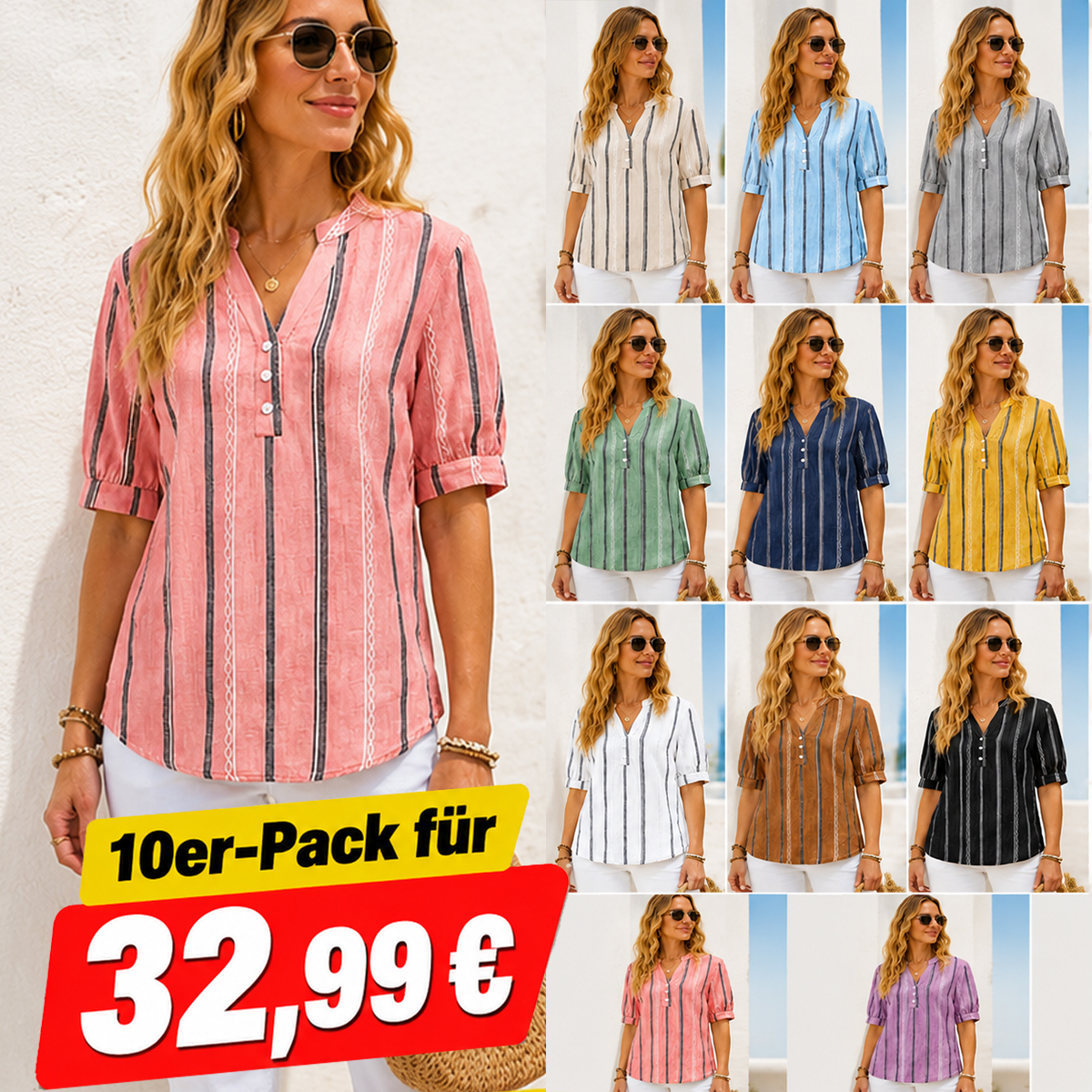 📣Räumungsverkauf: 10er-Pack für 32,99 €🔥Schön und bequem, Damen T-Shirt aus Baumwolle und Leinen mit kurzen Ärmeln