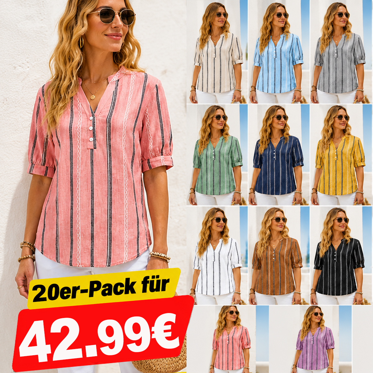 📣Räumungsverkauf: 10er-Pack für 32,99 €🔥Schön und bequem, Damen T-Shirt aus Baumwolle und Leinen mit kurzen Ärmeln