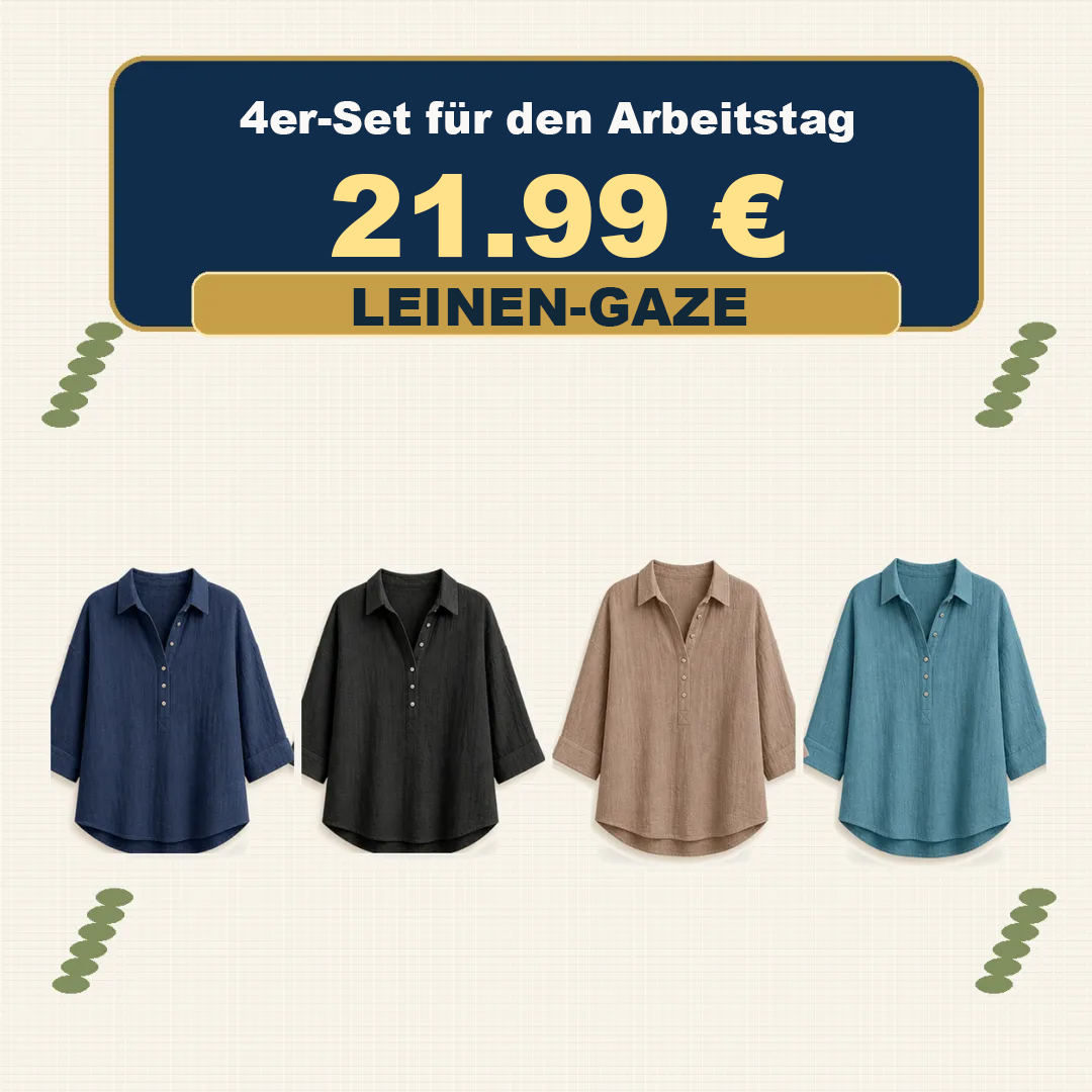 ⏰Räumungsverkauf⚡12er-Pack für 33,99 €⚡Damenblusen aus Leinen-Gaze mit Knopfleiste und Kragen