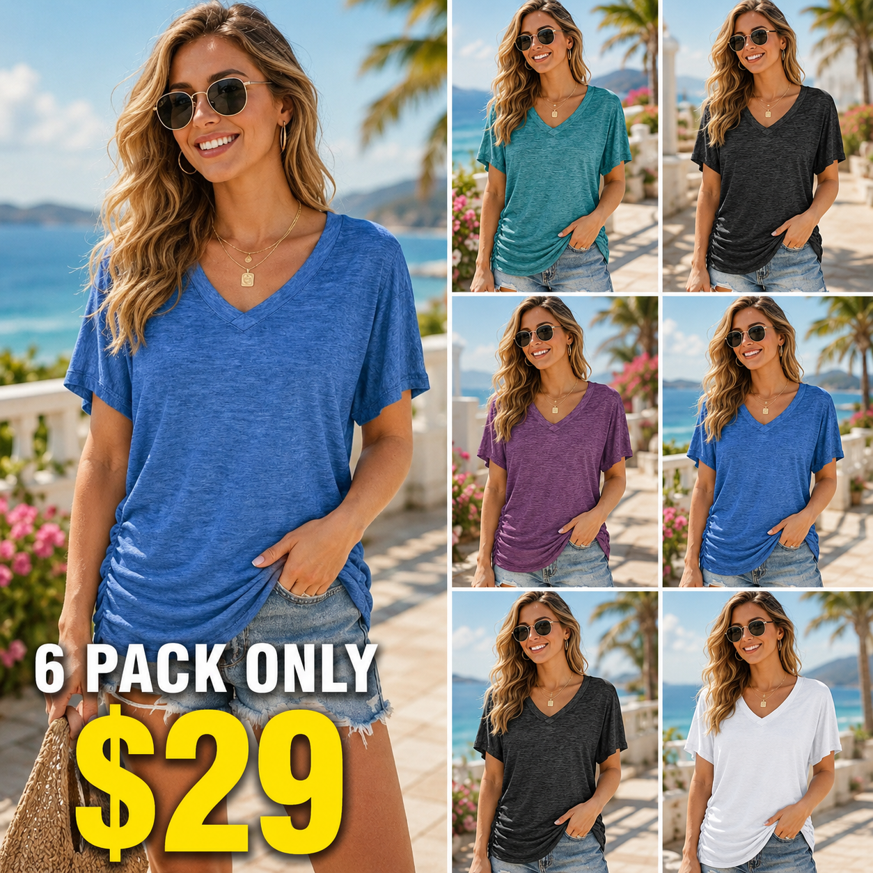 WIHOLL SwimWeek Womens Short Sleeve V Neck Dolman Tops with Side Shirring Loose Fit Shirts