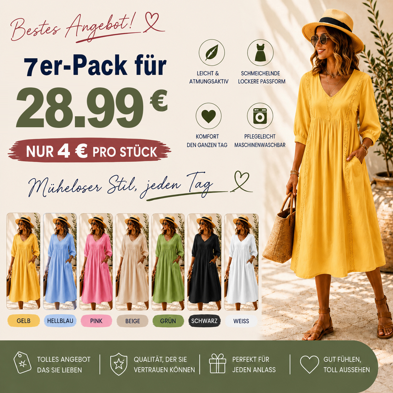⏰VENTE FINALE⚡Lot de 14 pour 34.99 €⚡Damen Freizeitkleid aus Leinen-Baumwoll-Mix mit lockerer Passform, Patchwork und Spitzenbesatz