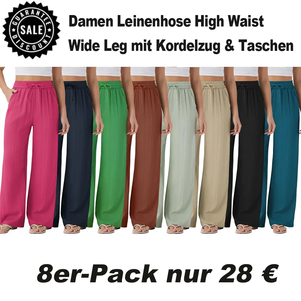 ⏰Räumungsverkauf⚡16er-Pack für 38 €⚡Damen Leinenhose High Waist Wide Leg mit Kordelzug & Taschen