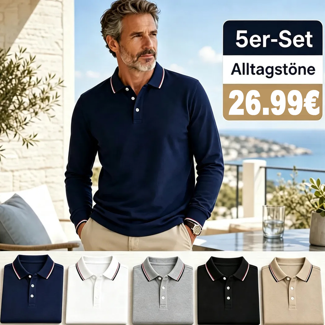 ⏰Limitierter Deal - Klassisches Herren Langarm-Polohemd mit Piqué-Struktur, Drei-Knopf-Leiste, geripptem Kragen und dezenten Kontraststreifen