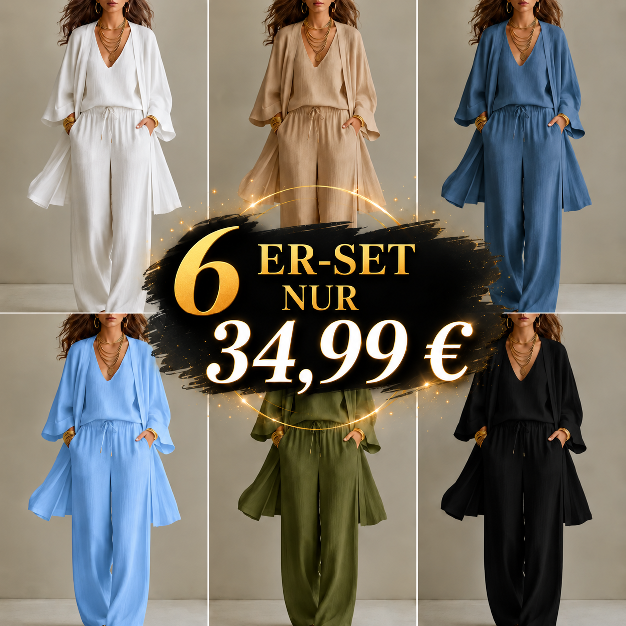 Minimalistisches dreiteiliges Damen-Set aus Baumwolle und Leinen mit weitem Bein