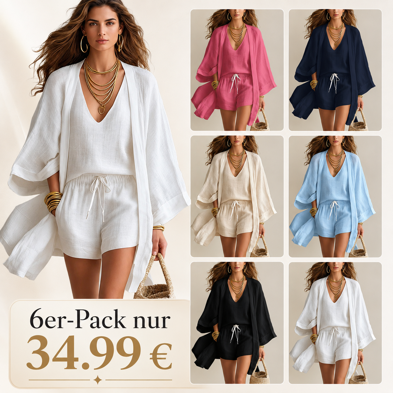Minimalistisches dreiteiliges Damen-Set aus Baumwolle und Leinen mit weitem Bein
