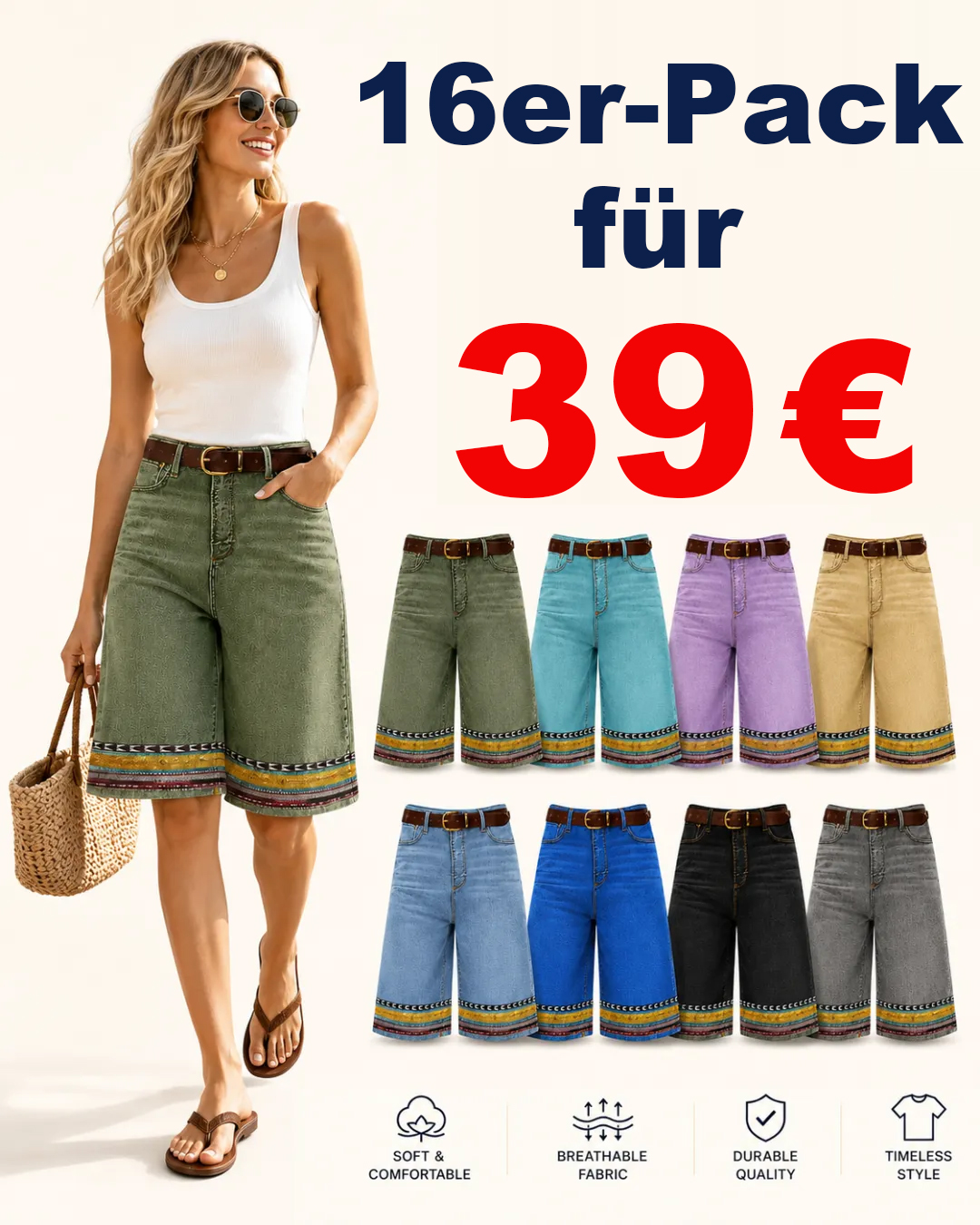⏰Geschäftsschließung – Räumungsverkauf⚡8er-Pack nur 29 €⚡Damen-Bermuda-Jeansshorts mit bedrucktem Saum
