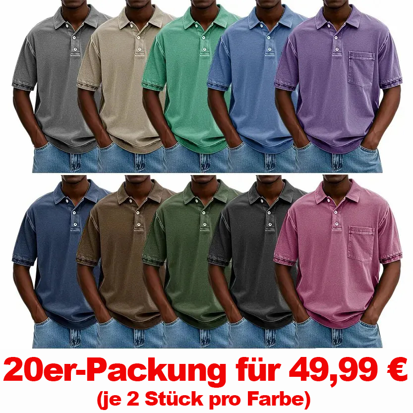 ✨ENDVERKAUF✨ 10 Stück für nur 34,99 € ✨ – Retro-Poloshirt für Herren im Used-Look mit Reverskragen, Tasche und kurzen Ärmeln