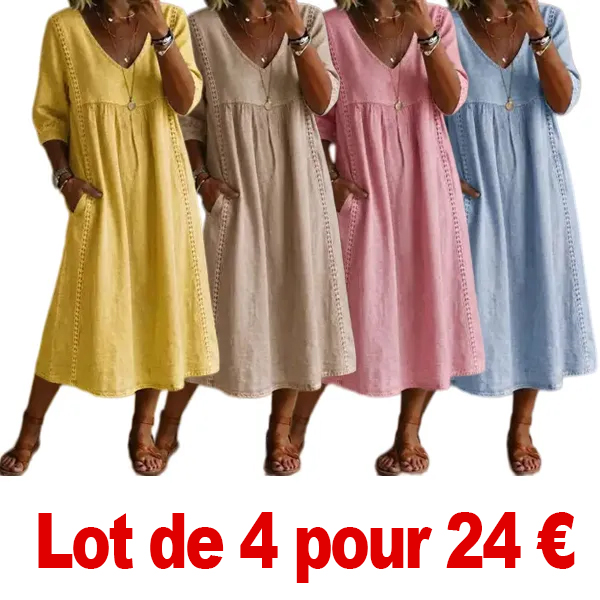 ⏰VENTE FINALE⚡Lot de 14 pour 34.99 €⚡Damen Freizeitkleid aus Leinen-Baumwoll-Mix mit lockerer Passform, Patchwork und Spitzenbesatz