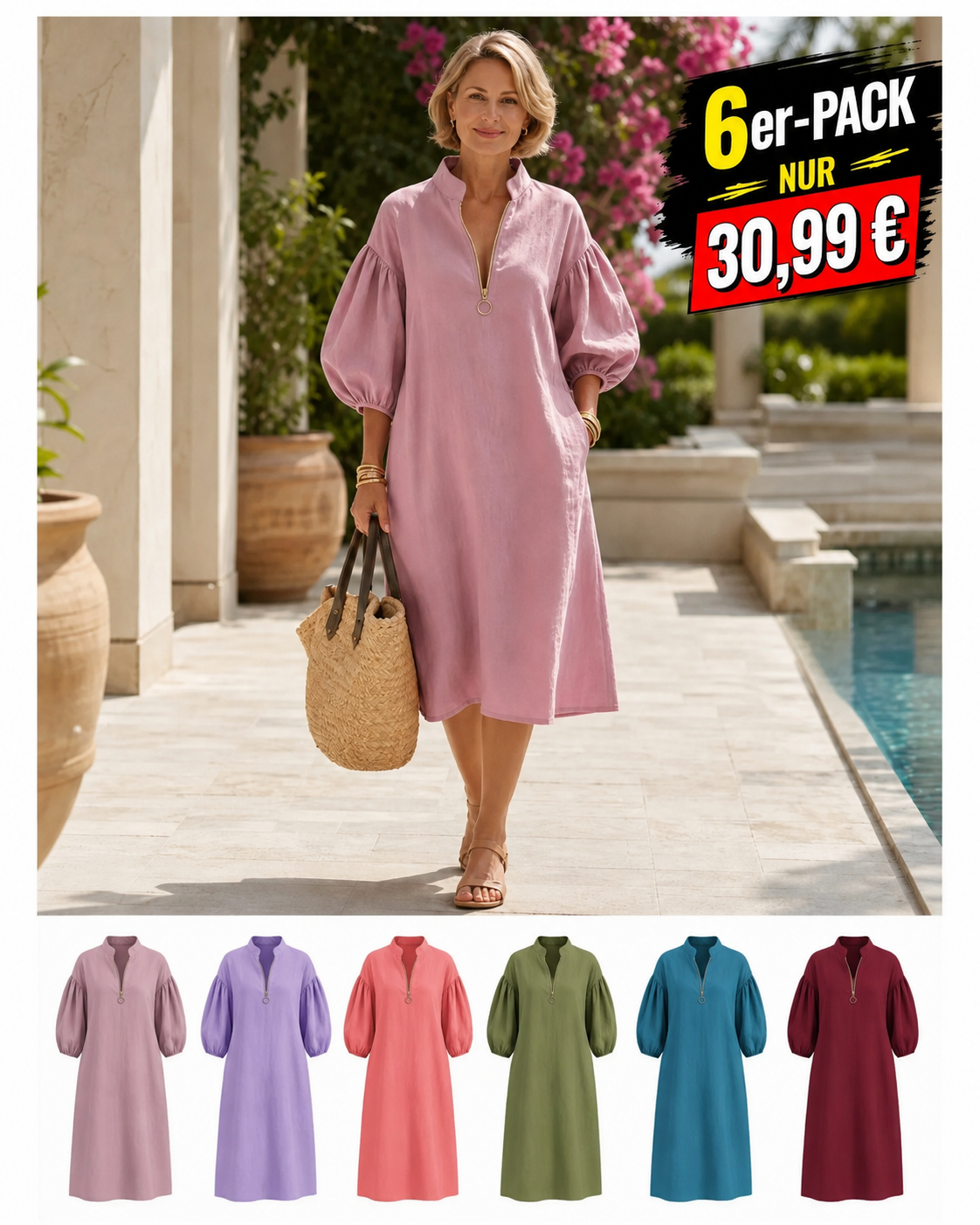 Damenkleid aus Baumwoll-Leinen mit Stehkragen und Ballonärmeln