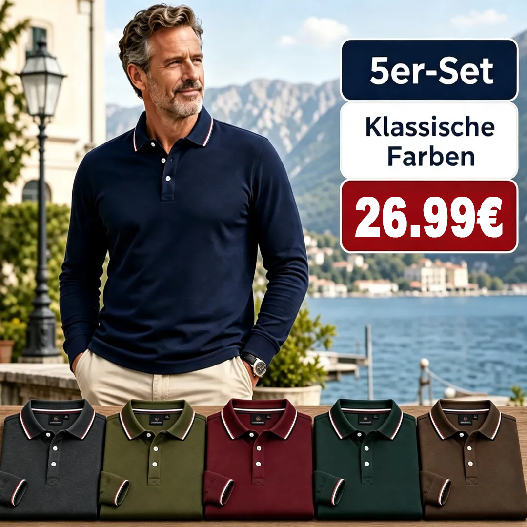 ⏰Limitierter Deal - Klassisches Herren Langarm-Polohemd mit Piqué-Struktur, Drei-Knopf-Leiste, geripptem Kragen und dezenten Kontraststreifen