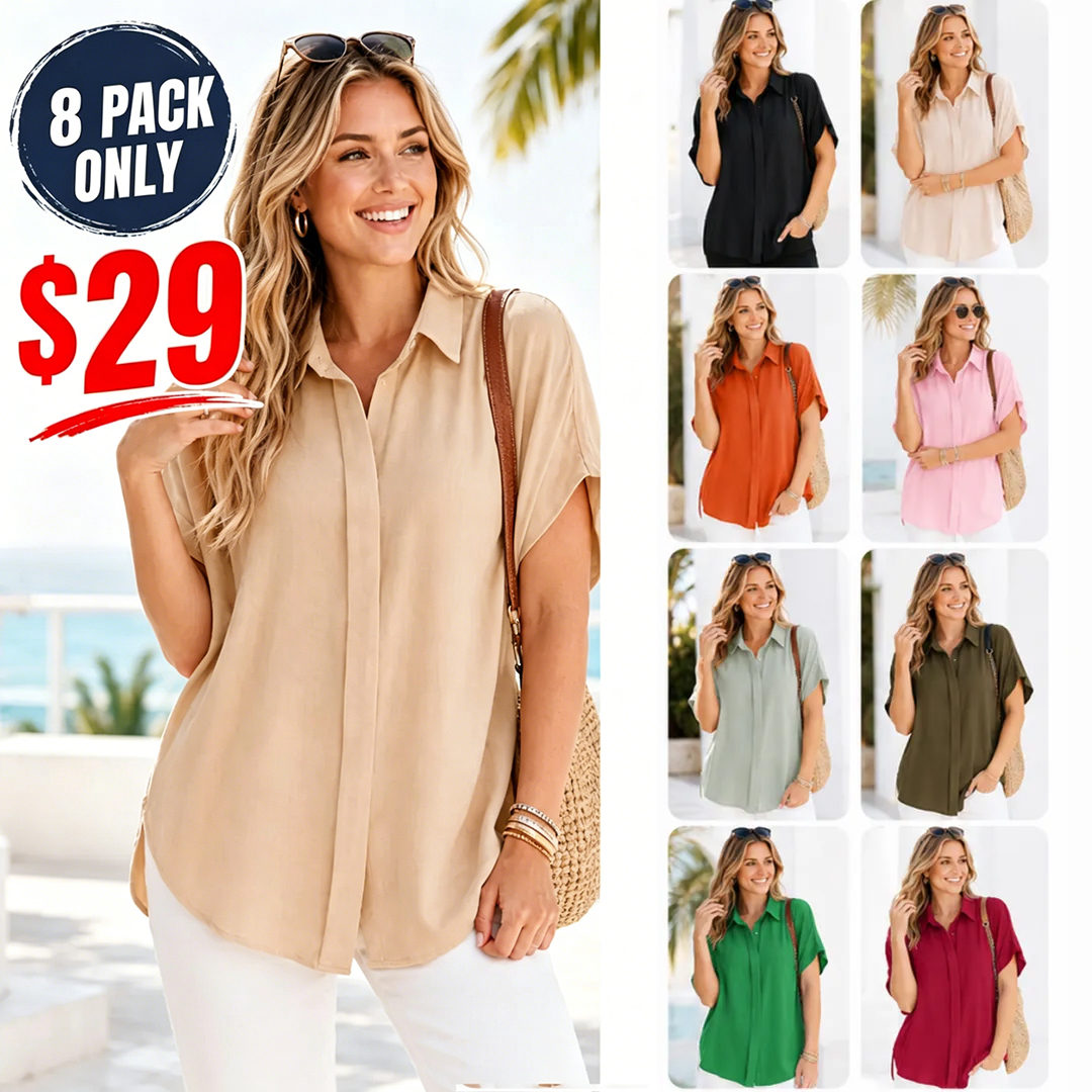 Women's Tops Dressy Casual V Neck Button Down Shirts Solid Short Sleeve Blouses Oversized Fit Batwing Collared Baggy Minimalist Style