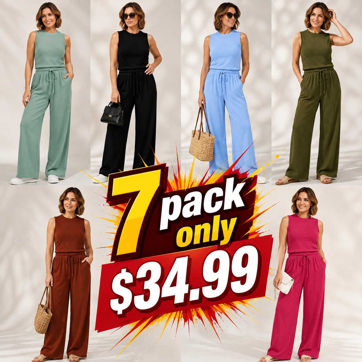 Women's Summer 2-Piece Outfits - Ribbed Knit Crew Neck Sleeveless Cropped Top & Wide Leg Pants Lounge Set