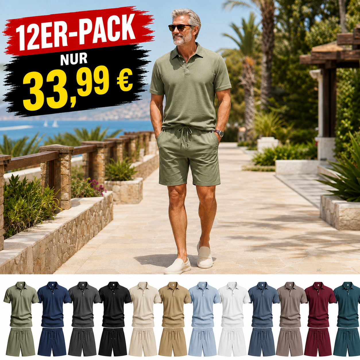 ⏰Räumungsverkauf⚡12er-Pack nur 33,86 €⚡Lockeres Herren-Poloshirt- und Shorts-Set