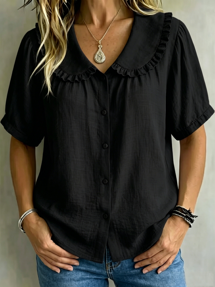 8 Pack Only$32.99-🔥 Women's Ruffle Trim Collared Button-Up Short Sleeve Shirt