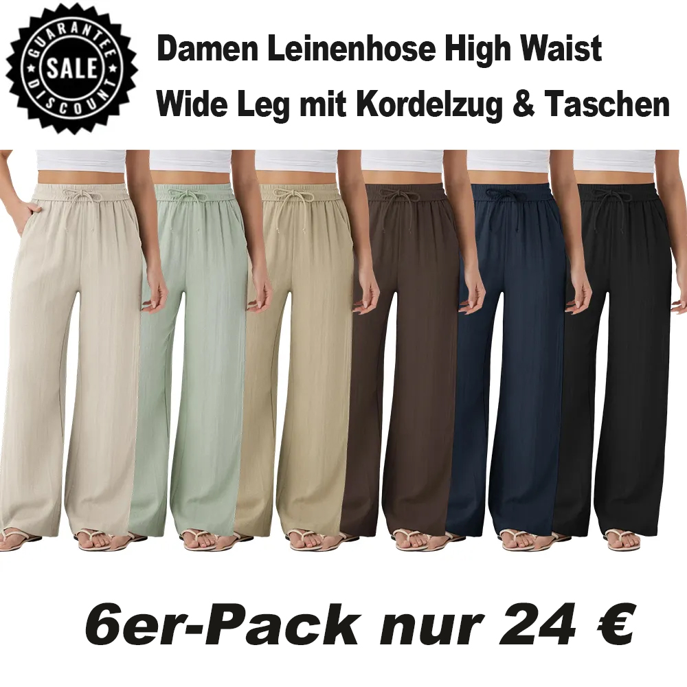 ⏰Räumungsverkauf⚡16er-Pack für 38 €⚡Damen Leinenhose High Waist Wide Leg mit Kordelzug & Taschen